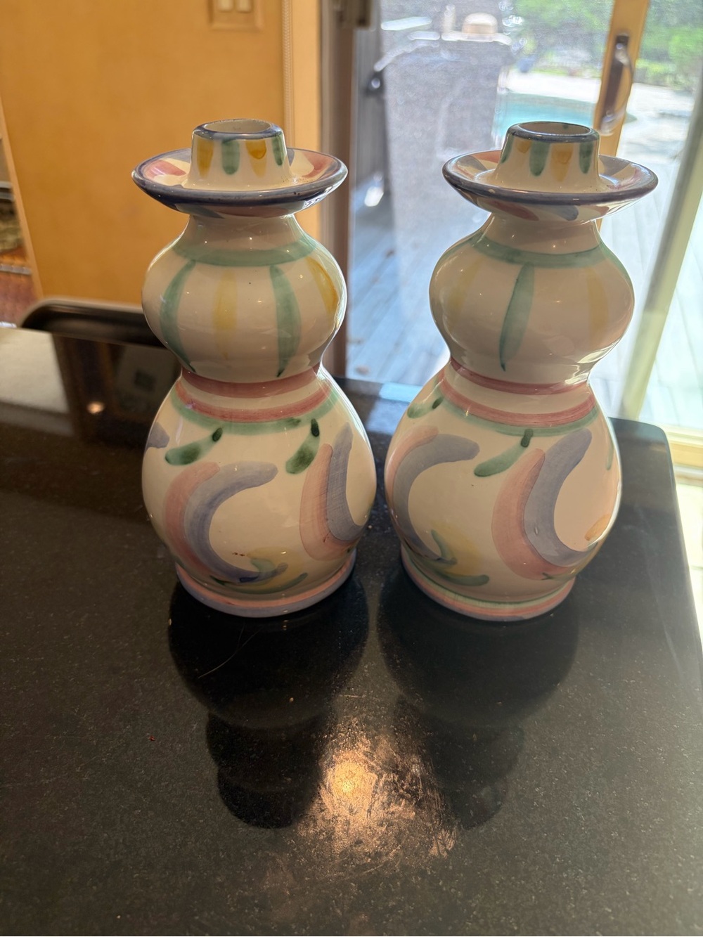 Vietri Hand-Painted Ceramic Candlestick Pair in Pastel White, Pink, Blue & Green